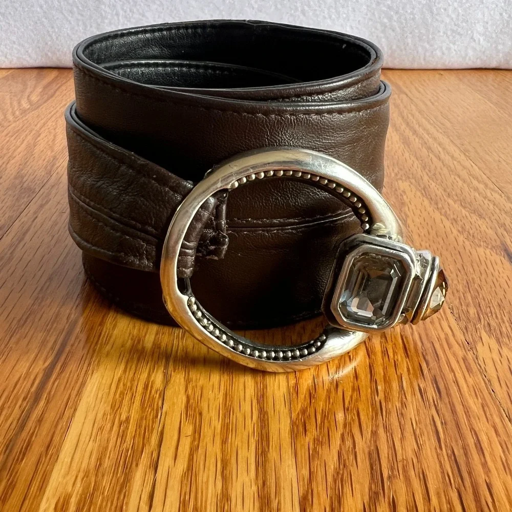 Y2K Wide Brown Leather Belt Silver Gem‎ Buckle Western Glam Statement M/L 39